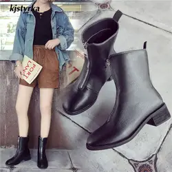 Kjstyrka botas botines mujer 2018 зима Модные женские ботинки простые ботинки до середины икры удобная кожаная на молнии bota feminina