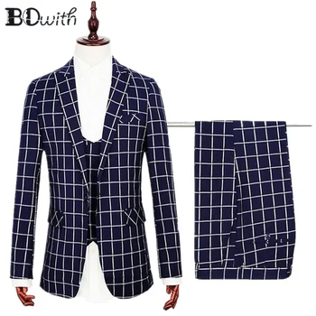 

High Quality Plain Navy Wedding Men Suit Peaked Collar One Button 3 PCs Jacket+Pants+Vest for Wedding Groom Tuxedos Formal Suit
