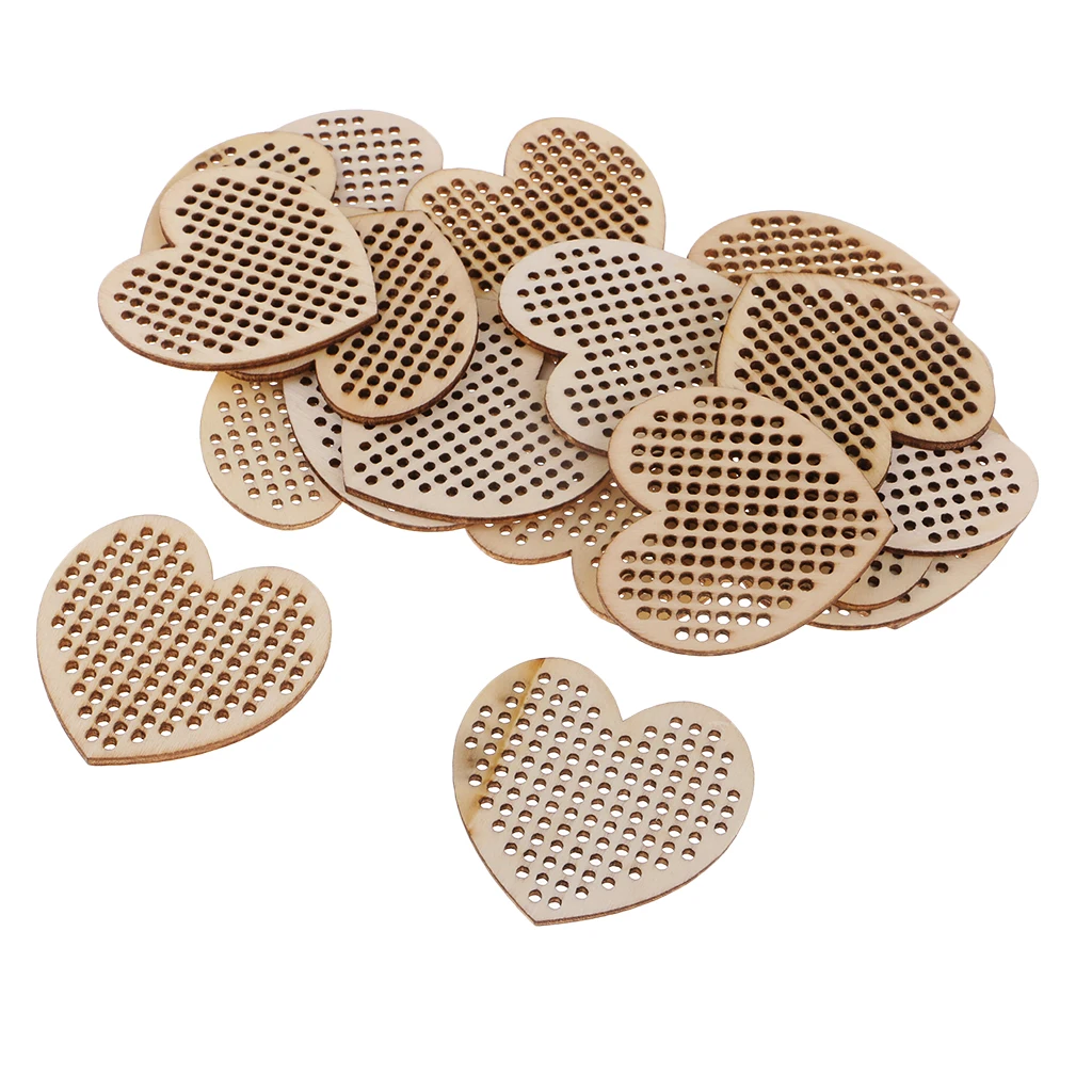 20pcs Oval Round Heart Wooden Cross Stitch Pendant Natural Wooden Embellishment DIY Jewelry Making Craft Wood Charms
