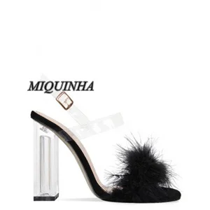 black plush transparent heel women sandals transparent ankle strap chunky high heel shoes open toe simple party footwear