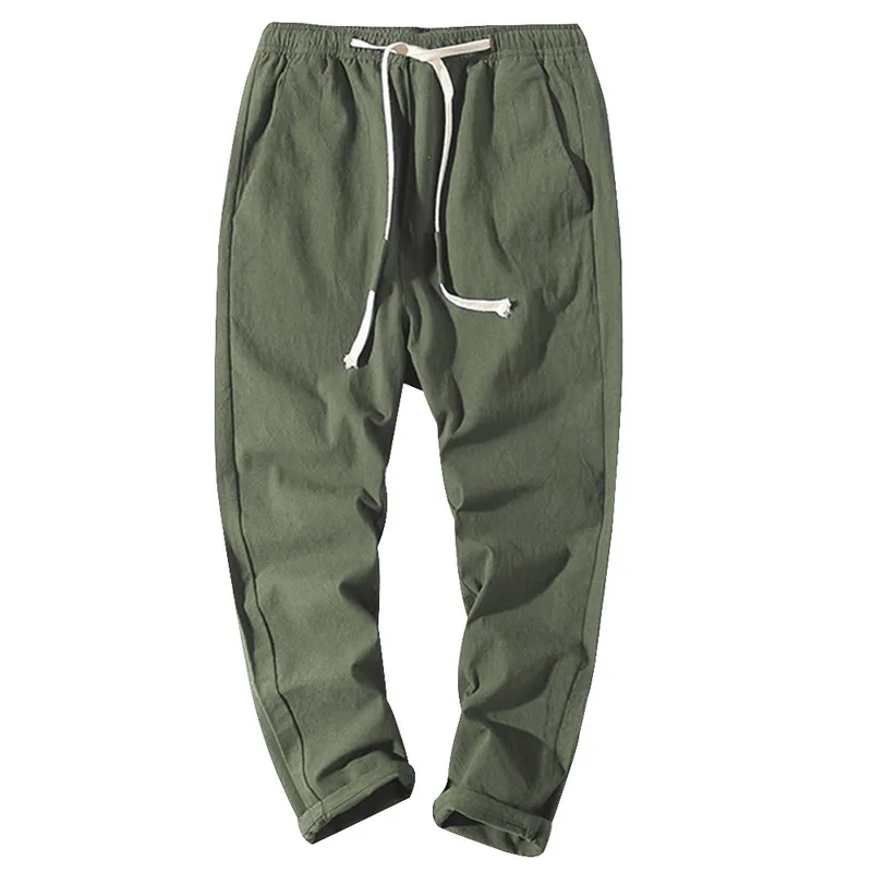 Puimentiua мужские летние брюки на шнурке повседневные уличные облегающие брюки однотонные Homme эластичный пояс льняные брюки - Цвет: Army Green