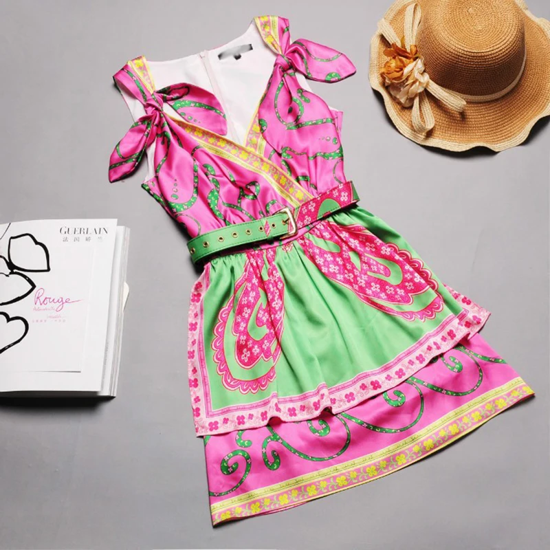 Модное летнее женское милое платье на бретельках сексуальное с v-образным вырезом цветное с цветочным принтом подиумное мини-платье с поясом