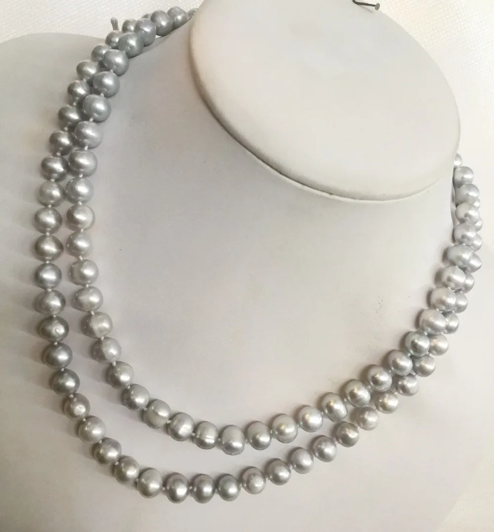 

Women Jewelry 2 rows necklace 8x9mm bright gray pearl handmade Real cultured freshwater pearl gift