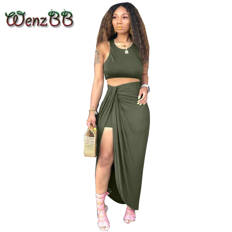 

Wenzbb Summer Two Piece Set Women Sexy Party Matching Sleeveless Crop Tops & Split Fold Long Skirt Outfit 2 Piece Skirt Set