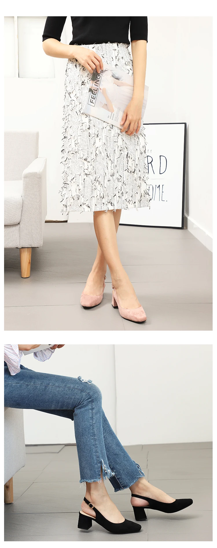 Женская обувь на высоком каблуке; коллекция года; женские весенние босоножки без шнуровки с петлей на пятке; босоножки на квадратном каблуке; Женские однотонные босоножки из флока на квадратном каблуке; туфли-лодочки