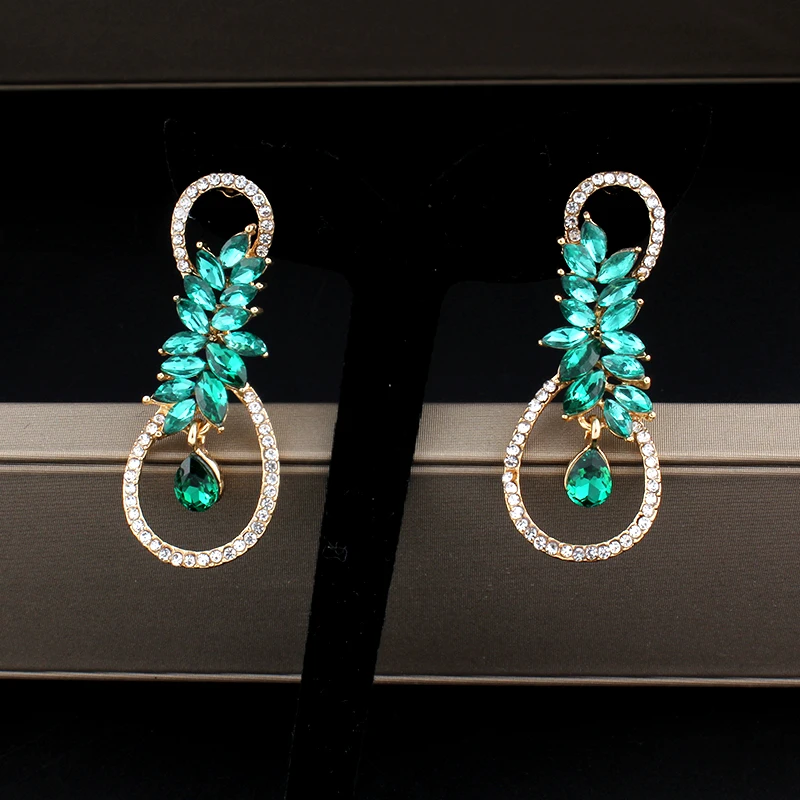 

Wedding jewelry gold color earrings for women dress accessories green crystal long earrings