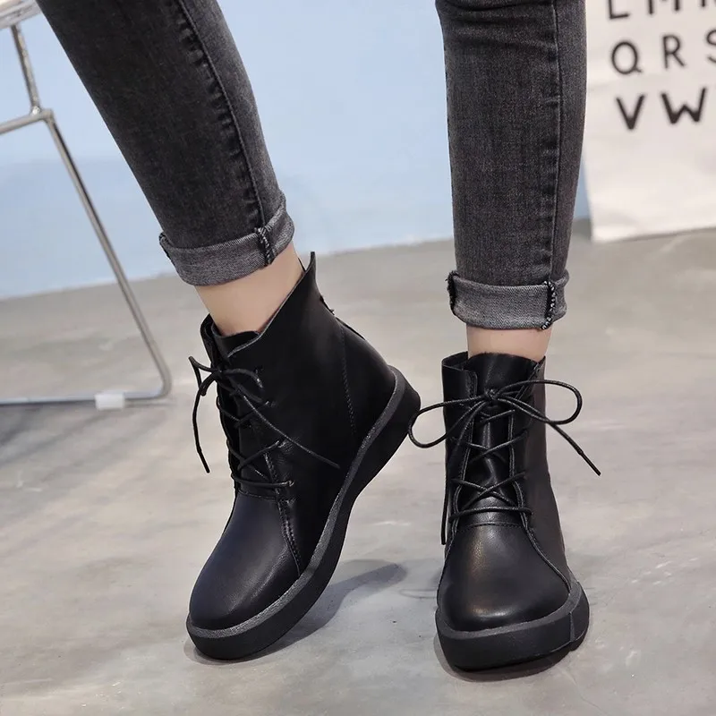 Lucyever/Винтажные женские ботильоны; обувь из мягкой кожи на шнуровке; женские зимние ботинки на плоской платформе; теплая женская обувь; Цвет черный, коричневый