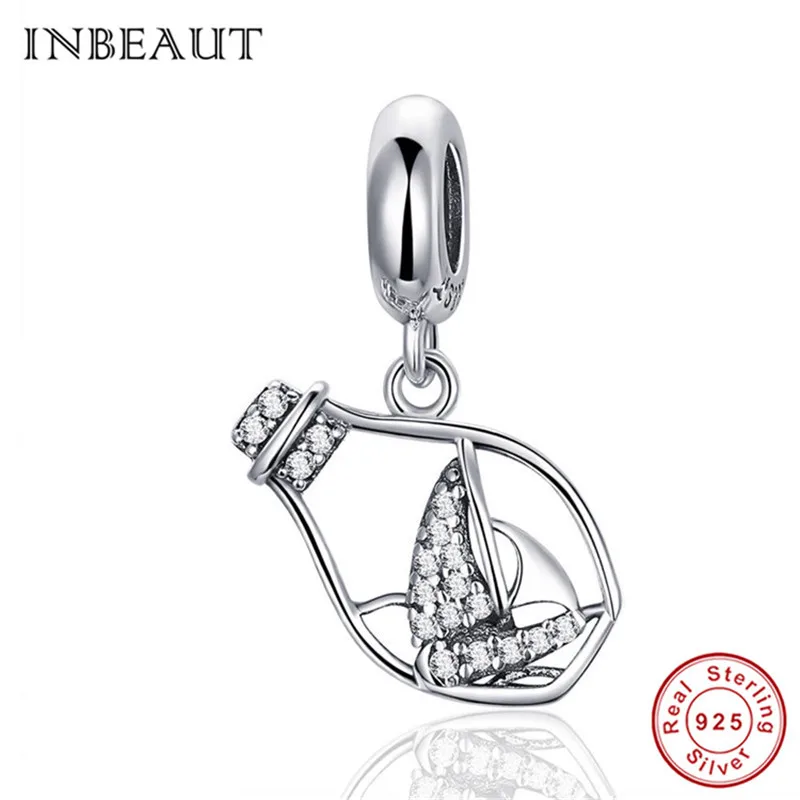 

INBEAUT New DIY Solid 925 Sterling Silver White CZ Sailboat Drift Bottle Beads Sea Floating Boat Charm fit Pandora Bracelet