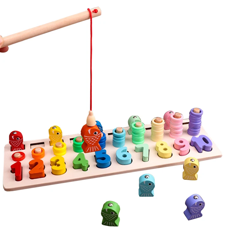 

Big Wooden Montessori Math Blocks Sorting Puzzles Set, New Fishing Learning and Educational Toys for Toddler Preschool Kids