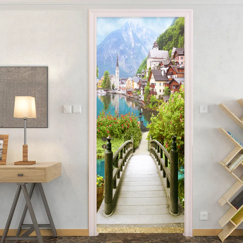 

3D Nature Landscape Bridge Door Sticker Living Room Bedroom Mural Wallpaper PVC Self-Adhesive Waterproof Home Decor Wall Decals