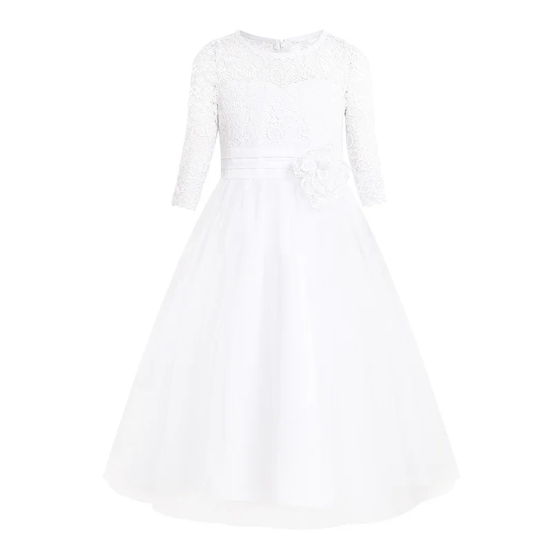 С кружевом для девочек, с короткими рукавами, пышное платье для принцессы Свадебное праздничное платье подружек невесты для девочек, летнее платье - Цвет: Белый