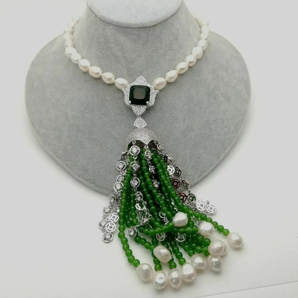 2" белый жемчуг барокко зеленые драгоценные камни ожерелье CZ проложить кулон
