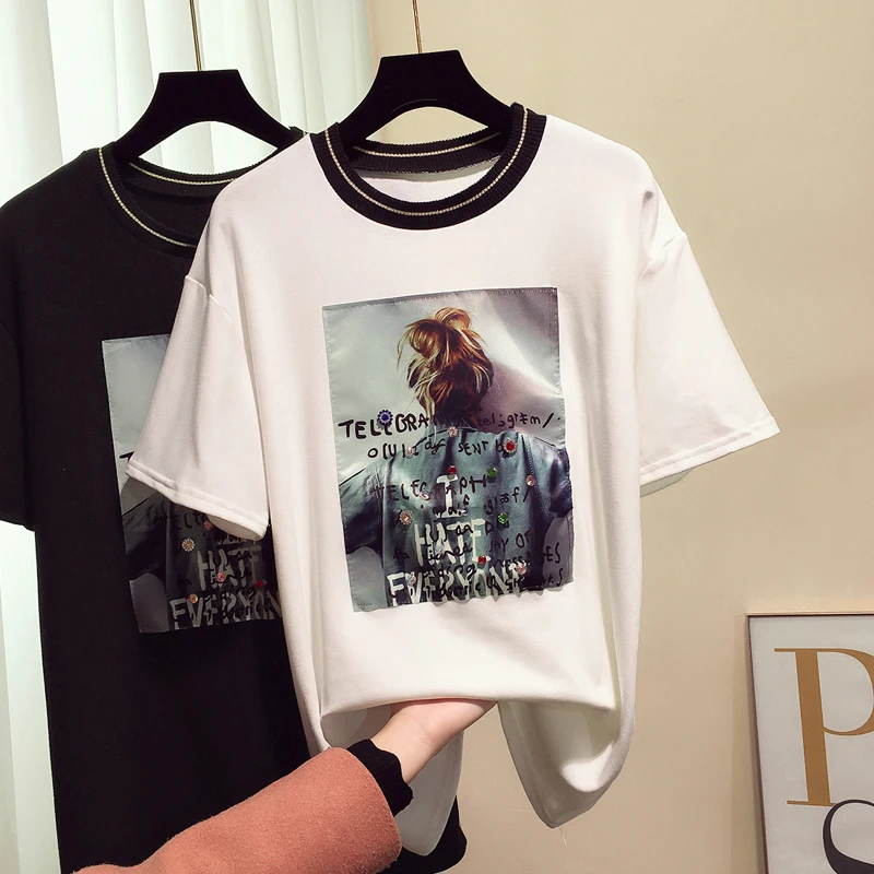 

Korean Real Regular Kpop Unicorn Tshirt Women 2019 Spring New Style Cotton Casual Knitted Sleeve Printed O-neck