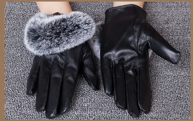 Осень-зима черный Сенсорный экран перчатки Короткие наручные Для женщин реальные кроличьего меха овчины перчатки