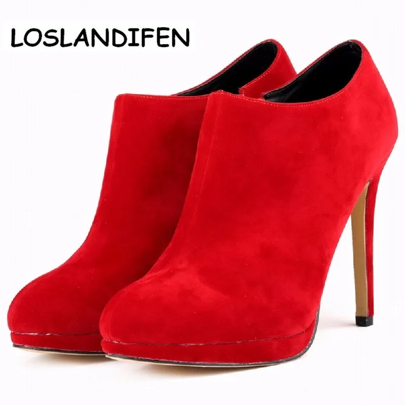 

LOSLANDIFEN Women Shoes Pumps Faux Velvet PLATFORM HIGH HEELS LADIES WOMEN Autumn Winter CASUAL ANKLE BOOTS US 4-11 806H-1
