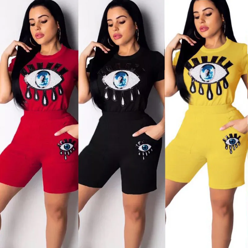 

2019 Summer New Women's Fashion Casual Short-sleeved Five-pants Eye Pattern Two-piece Sports Suit Short Sets for Women