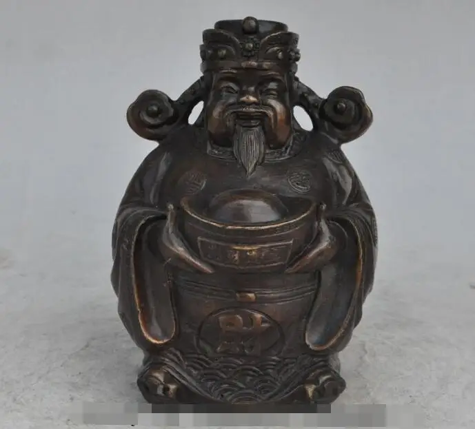 

S00566 7"Chinese Folk Bronze Money Wealth God Mammon Hold YuanBao stand Statue (B0413)