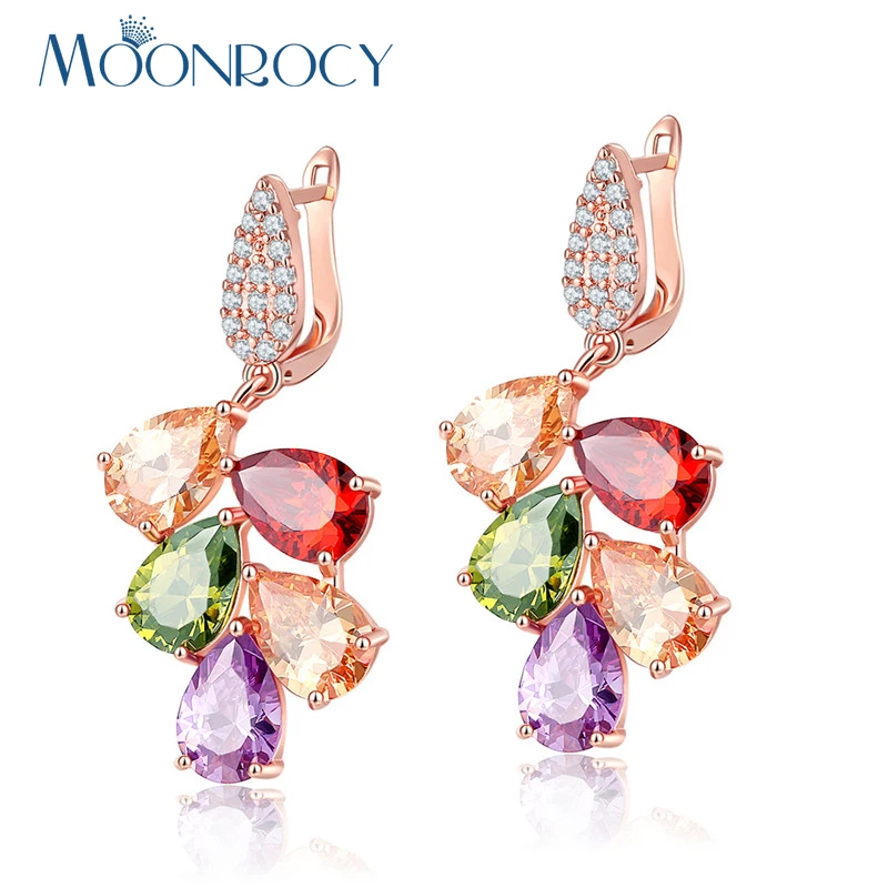 

MOONROCY Free Shipping Fashion Rose Gold Color Leaves Cubic Zirconia Multicolor Austrian Crystal Earrings for OL Women Girls