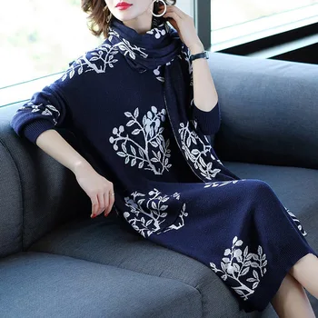 

Winter Fall 2018 Female Womens Dobby Floral Pattern Scarf Long Sleeve Knitted Sweater Dress , Women Fashion 3xl Knit Dresses