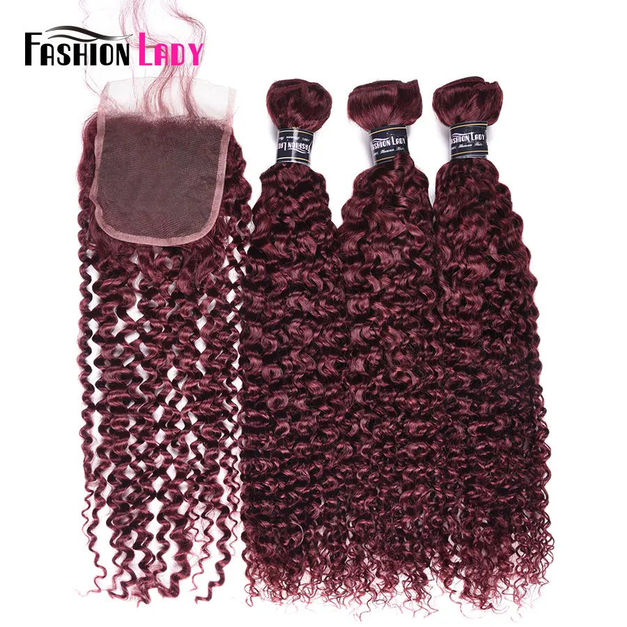

Fashion Lady Pre-colored Brazilian Curly Hair 3 Bundles With Lace Closure 99j# Human Hair Weave Bundles With Closure non remy