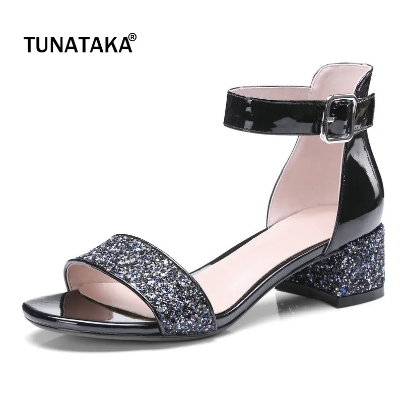 

Genuine Leather Comfort Square Heel Woman Summer Sandals Fashion Bling Buckle Dress High Heel Shoes Woman Black Silver