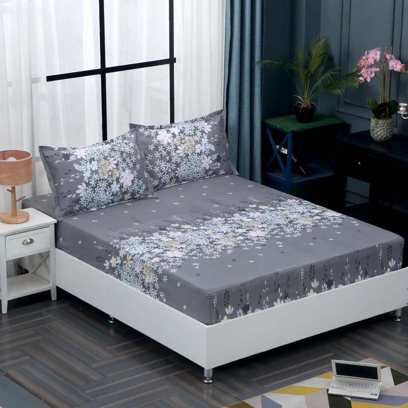 

hyha Simple Polyester Bedroom Mattress Cover Solid Color Floral Printed Fitted Sheet Bed Protector Pad Bedsheet Couvre lit