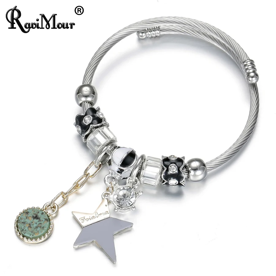 

RAVIMOUR Cuff Bangle Stainless Steel Women Bracelets Fashion Jewelry Star Round Charm Bracelet Wire Chain Silver Luxury Bileklik