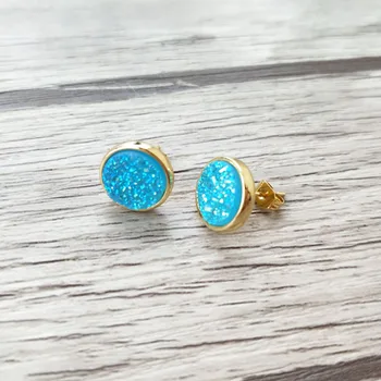 

5 pairs Round Shape geode Gem Stone Stud Earrings,Natural druse Quartz Titanium Stud Earrings ER617-2