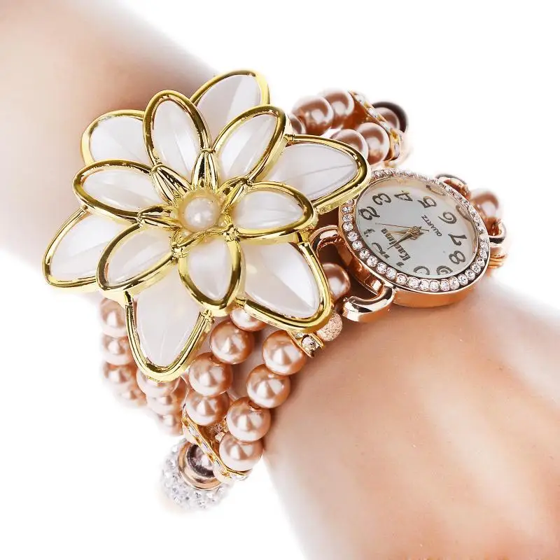 YANTU Hot Flowers Double Low Faux Pearl Bracelet Watch High Quality