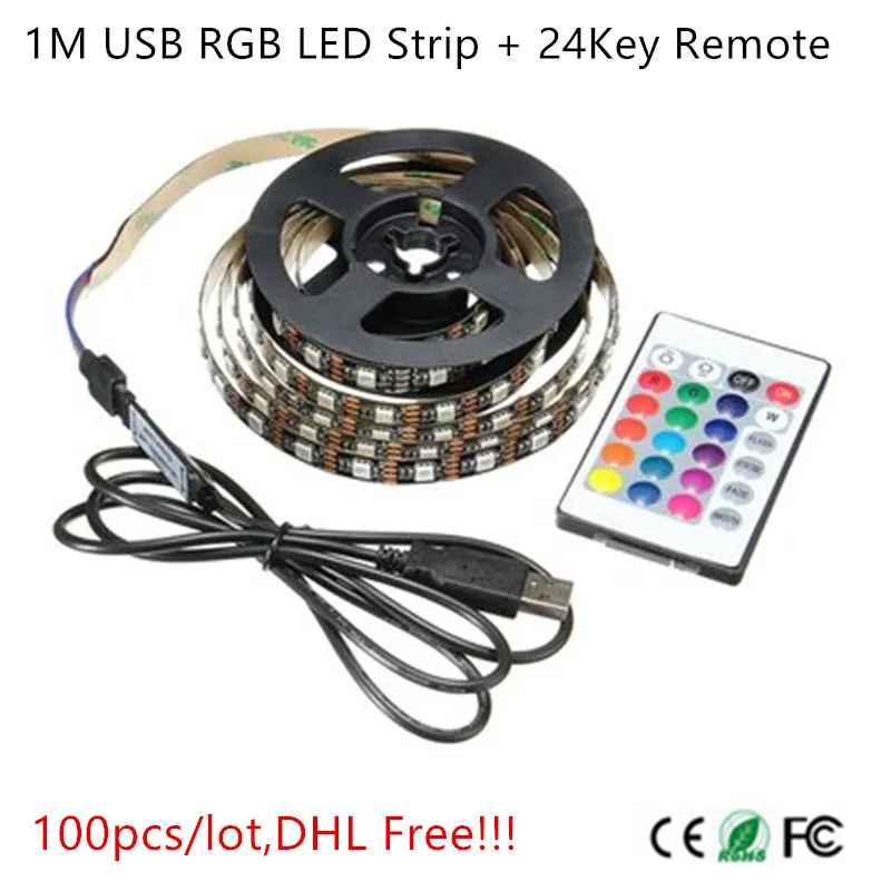 

100 шт./лот, Бесплатная доставка DHL! 1 м 5 в 5050 SMD 60 светодиодный одов/м USB RGB Светодиодная лента освесветильник для телевизора комплект подсветильник Ки + 24-кнопочный пульт дистанционного управления
