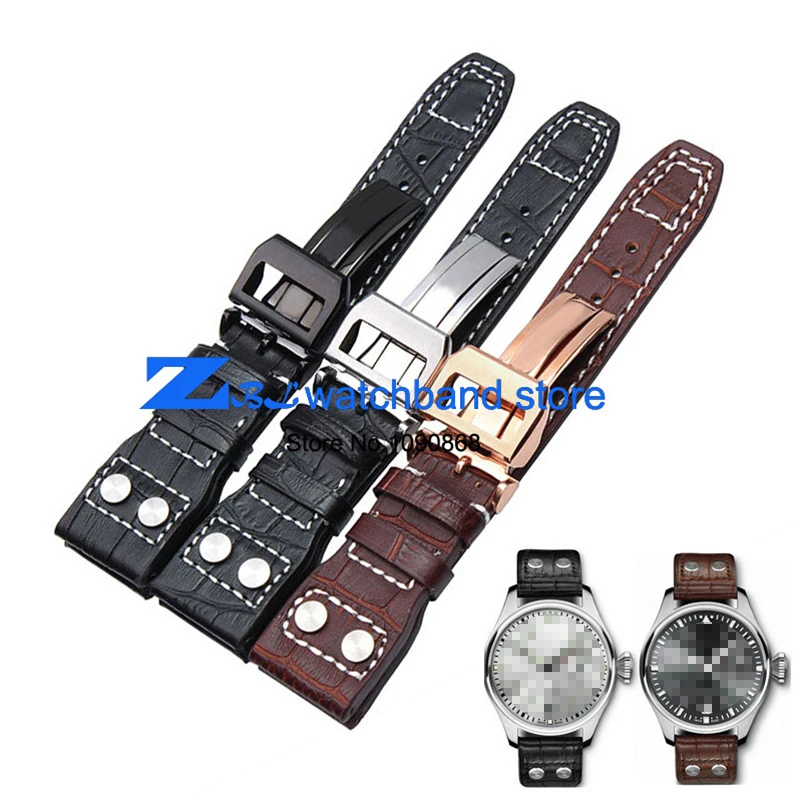 

High quality Genuine leather watchband 22mm Brown Black Wrist watch band strap wristwatches stitched belt Folding clasp men