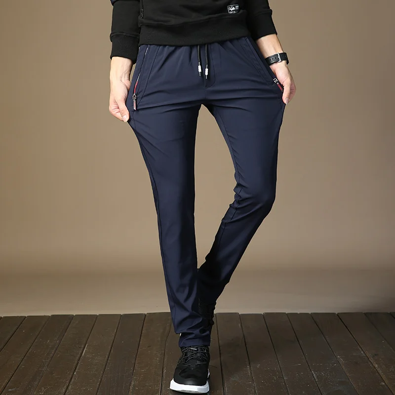 

Men Casual Polyester Lightweight Straight Pants Men's Drawstring Elastic zipper Pockets Comfortable Jogging Trousers Male Spring