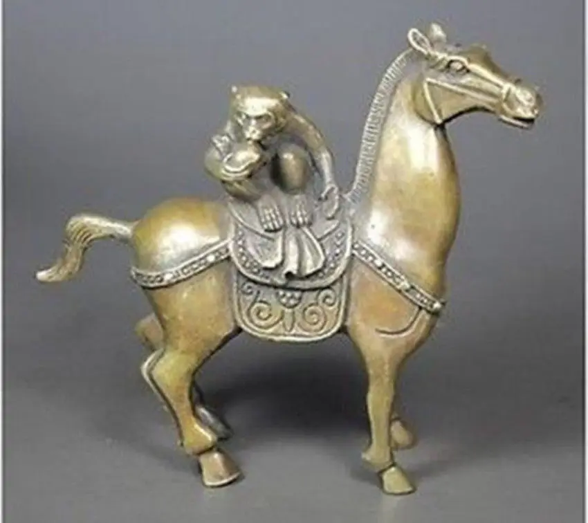 

Chinese Old Brass Wonderful Handwork Hammered Monkey On Horseback Statue