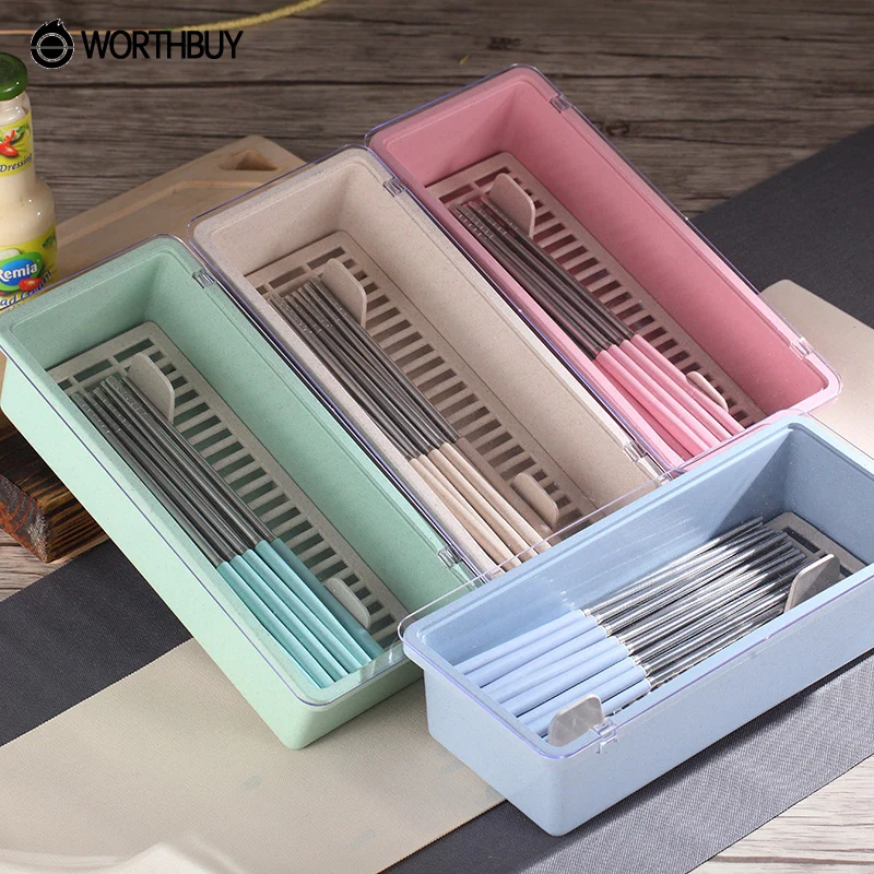 

WORTHBUY Tableware Draining Rack Eco-Friendly Wheat Straw Chopsticks Storage Box Cage Holder Kitchen Cutlery Organizer Drainer