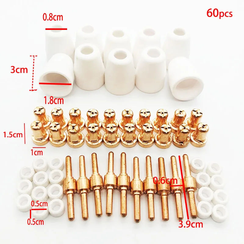 Ceramic + Metal Air Plasma Cutting Cutter Consumables Extended TIP Nozzles Electrode For PT31 LG40 Torch CUT-50D 60Pcs/Set Ceramic + Metal Air Plasma Cutting Cutter Consumables Extended TIP Nozzles Electrode For PT31 LG40 Torch CUT-50D 60Pcs/Set