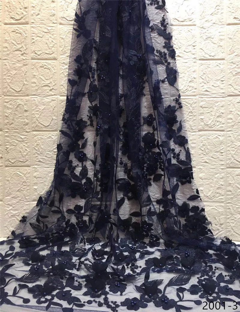

2019 Latest Navy Blue French Laces Fabrics High Quality 3D Tulle African Beaded Laces Fabric Nigerian Net Lace For Wedding 2001