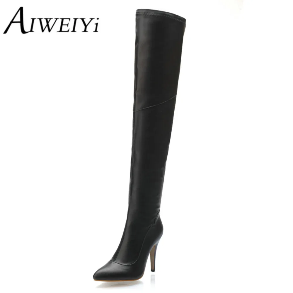 

AIWEIYi 2017 New Winter Patent Leather HighHeels Boots Sweet Platform Shoes Woman Knee Boots Long Boots Black Booties