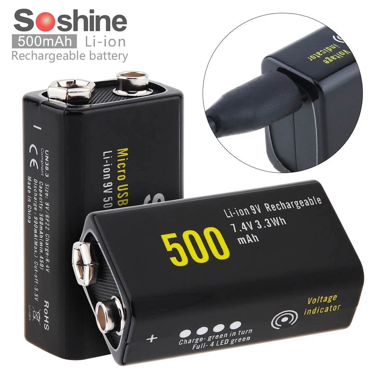 

2pcs Soshine 9V 6F22 500mAh Li-ion 7.4V 3.3Wh Rechargeable Battery Micro USB Protected for Multimeter Wireless Microphone Alarm