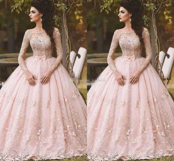 

Pink Ball Gown Quinceanera Dresses 2019 Debutante Gowns Sheer Long Sleeve Prom Sweet 16 Gowns Tulle robe de bal Saudi Arabic bow