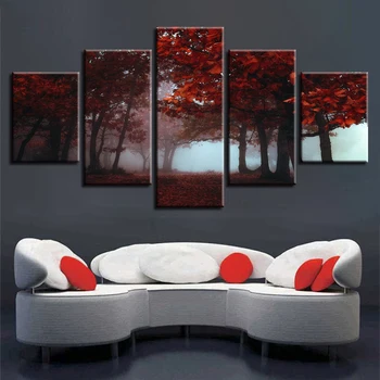 

Canvas Printed Paintings Modular Home Decor 5 Pieces Red Forest Maple Leaf Trees Poster Living Room Scenery Pictures Framework