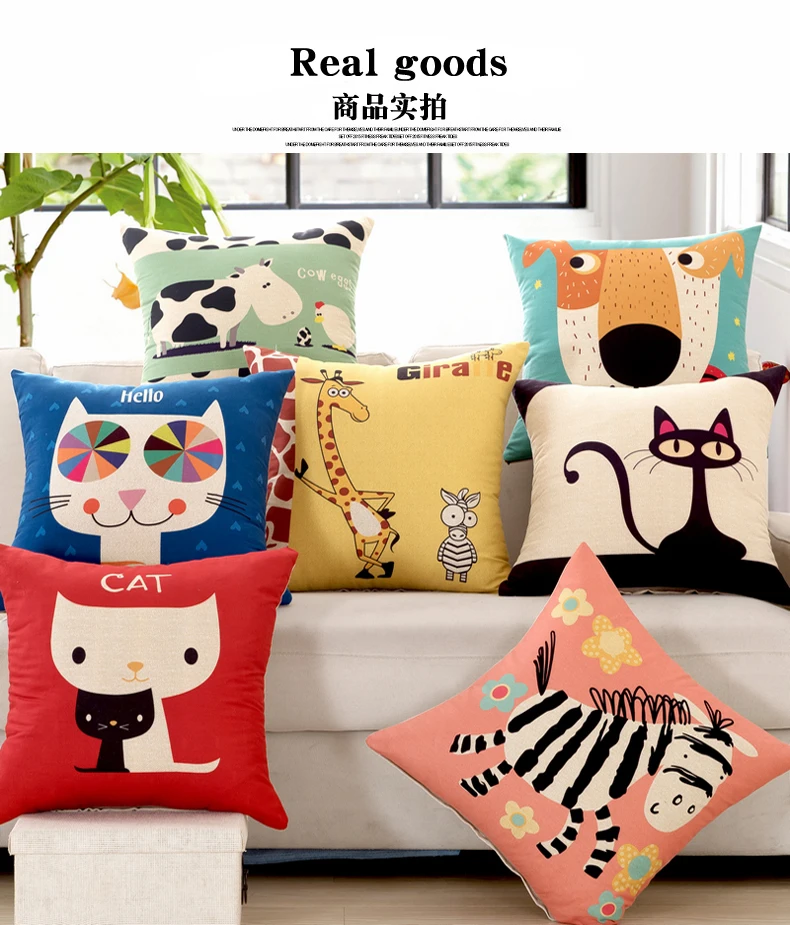 Decorative Pillows Cotton Linen Cat Cushions for Sofa Cute Animals