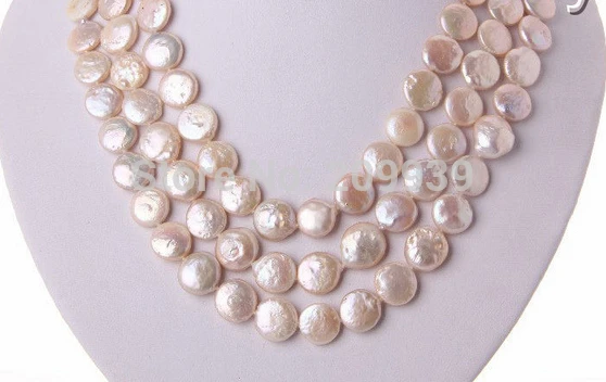 

Hot sell Noble- FREE SHIPPING>>>@@ AS4062 stunning 3rows 12mm round coin pink freshwater cultured pearl necklace