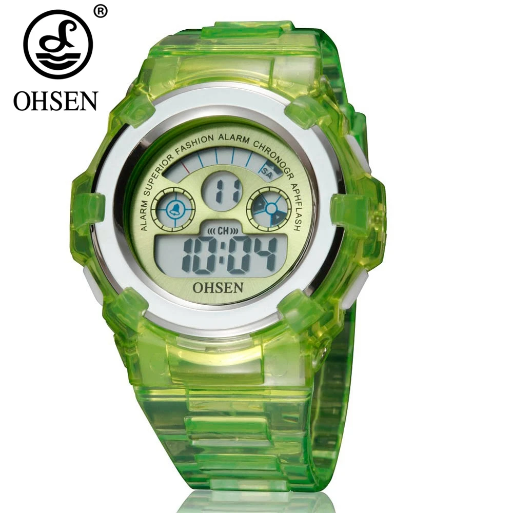 Цифровые Детские часы для мальчиков, секундомер, Зеленый силиконовый ремешок, водонепроницаемые, для плавания, для девочек, наручные часы, 7 цветов, светодиодный, электронные, детские часы