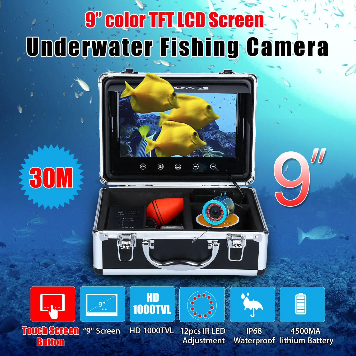 

EYOYO 9"30M Touch Screen Infrared HD 1000TVL Underwater Fishing Camera Fish Finder Video Fishfinder Ocean River Sea Boat Fishing