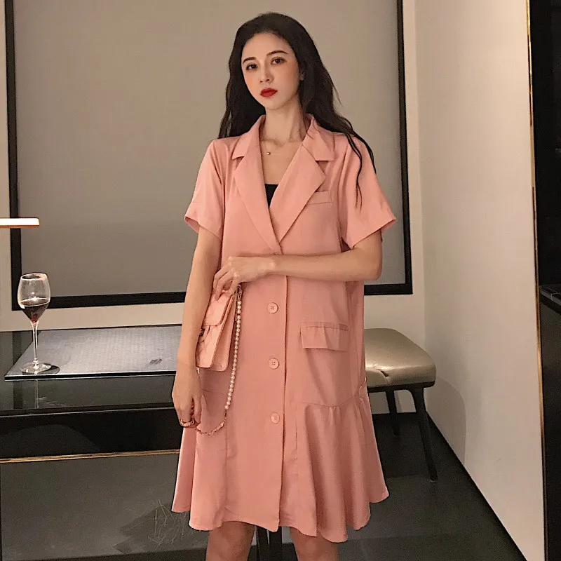 

Alien Kitty Summer Dresses 2019 Korean Style Elegant Suit Collar Ruffled Short Sleeve Solid Black Office Dress Women Robe Femme