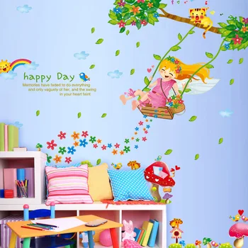 

Happy swing Girl wall stickers PVC Material DIY removable wall decals for Kids room kindergarten wall decoration murals