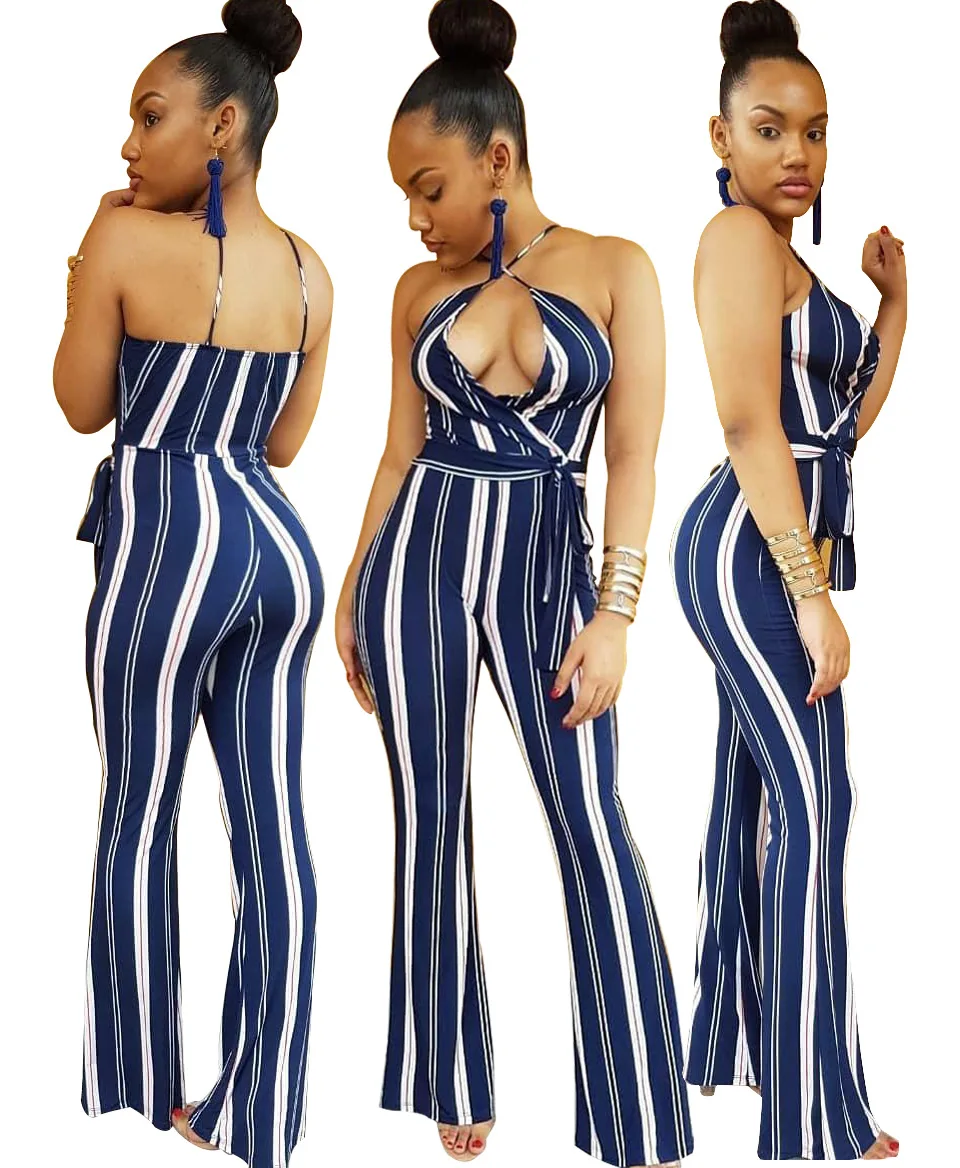 Blue White Vertical Striped Lace Up Casual Long Jumpsuits Sexy Woman