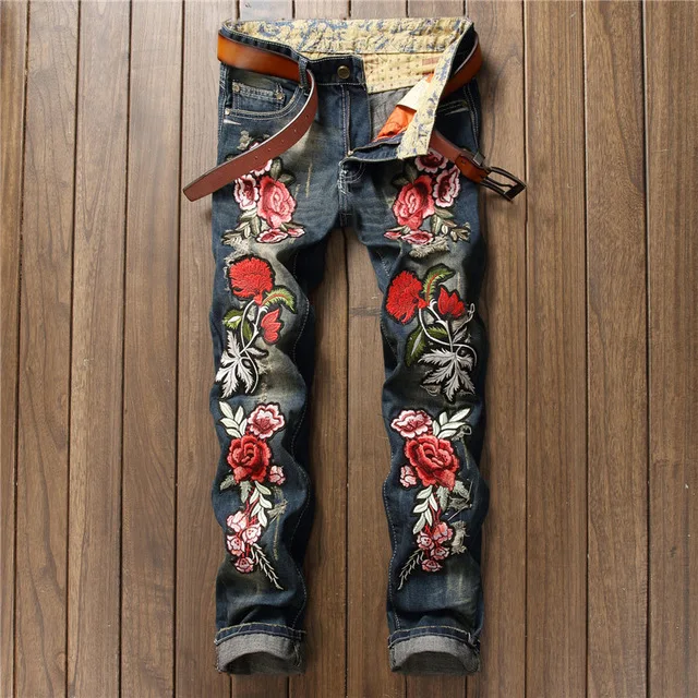 

2018 New Designer Men Jeans Famous Brand Italian luxury Rose Embroidered Jeans Slim Fit Mens Printed Jeans Biker Denim Pants