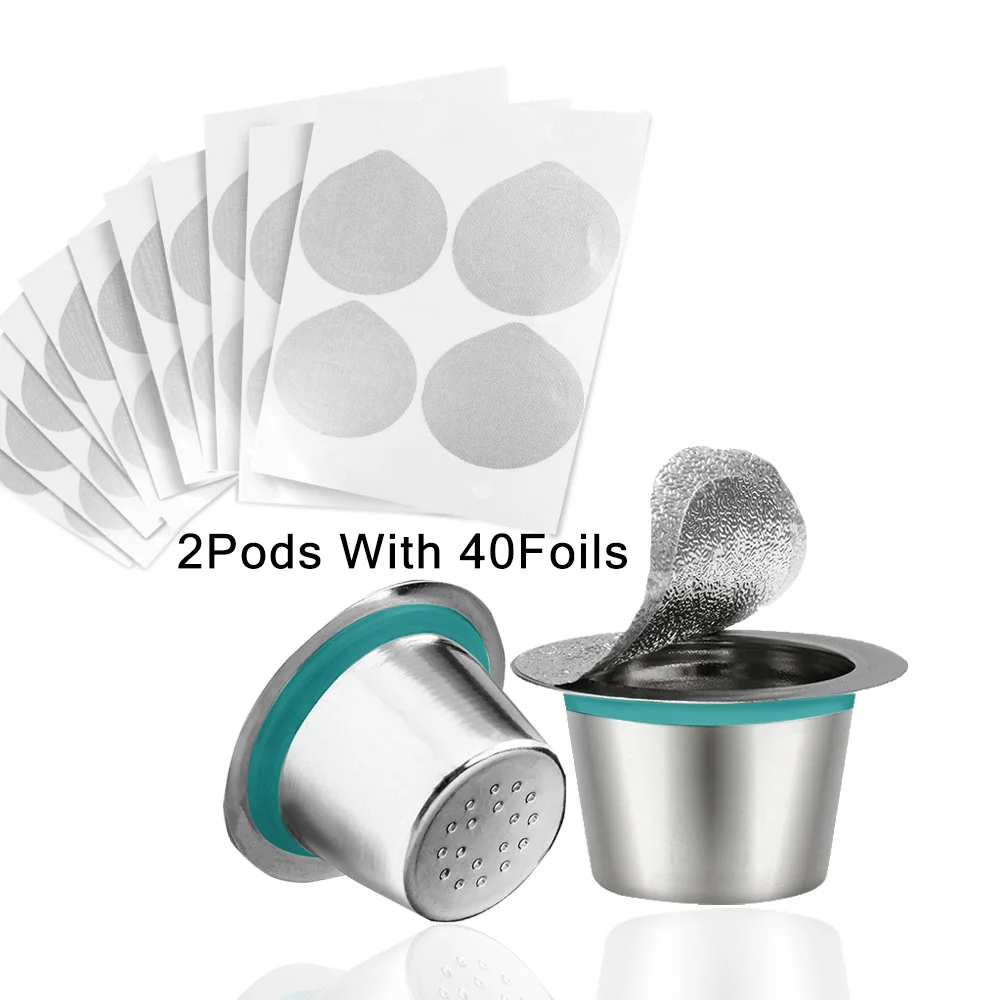 ICafilas Stainless Steel Refillable Nespresso Coffee Capsule Reusable Nespresso Machine Espresso Coffee Maker (2 Pods+40 Lids)