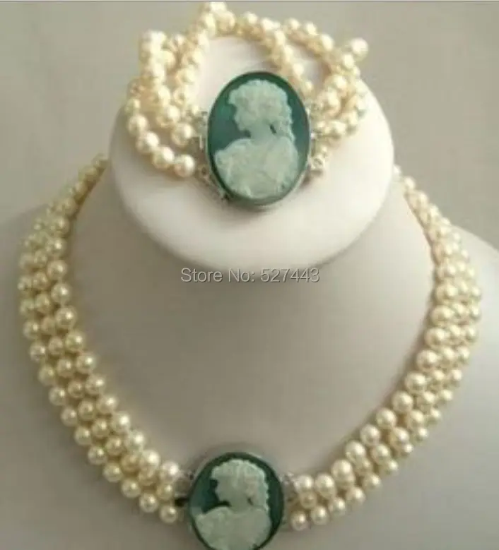 

Wholesale free shipping >>3Strand 7-8mm White Akoya Pearl Cameo Necklace Bracelet